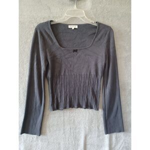 Free‎ For All XL Grey Long Sleeve Square Neck Crop Top Ribbed Waist Bow Detail